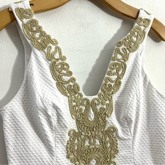 Lilly Pulitzer Suzette Shift Dress White Resort Gold Embroidery Sheath Mini sz 2 - Picture 5 of 14